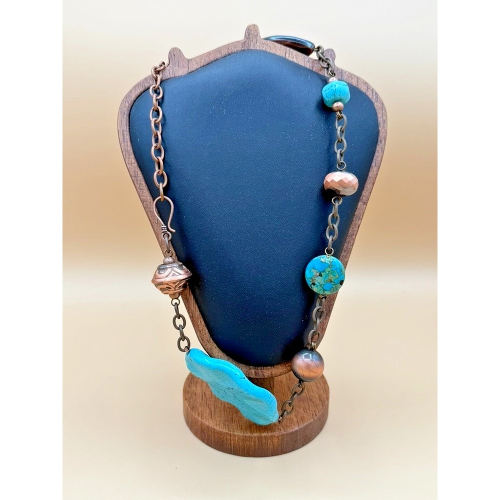 Southwestern Turquoise Color Stone Copper Tone Statement Necklace Boho Chunky